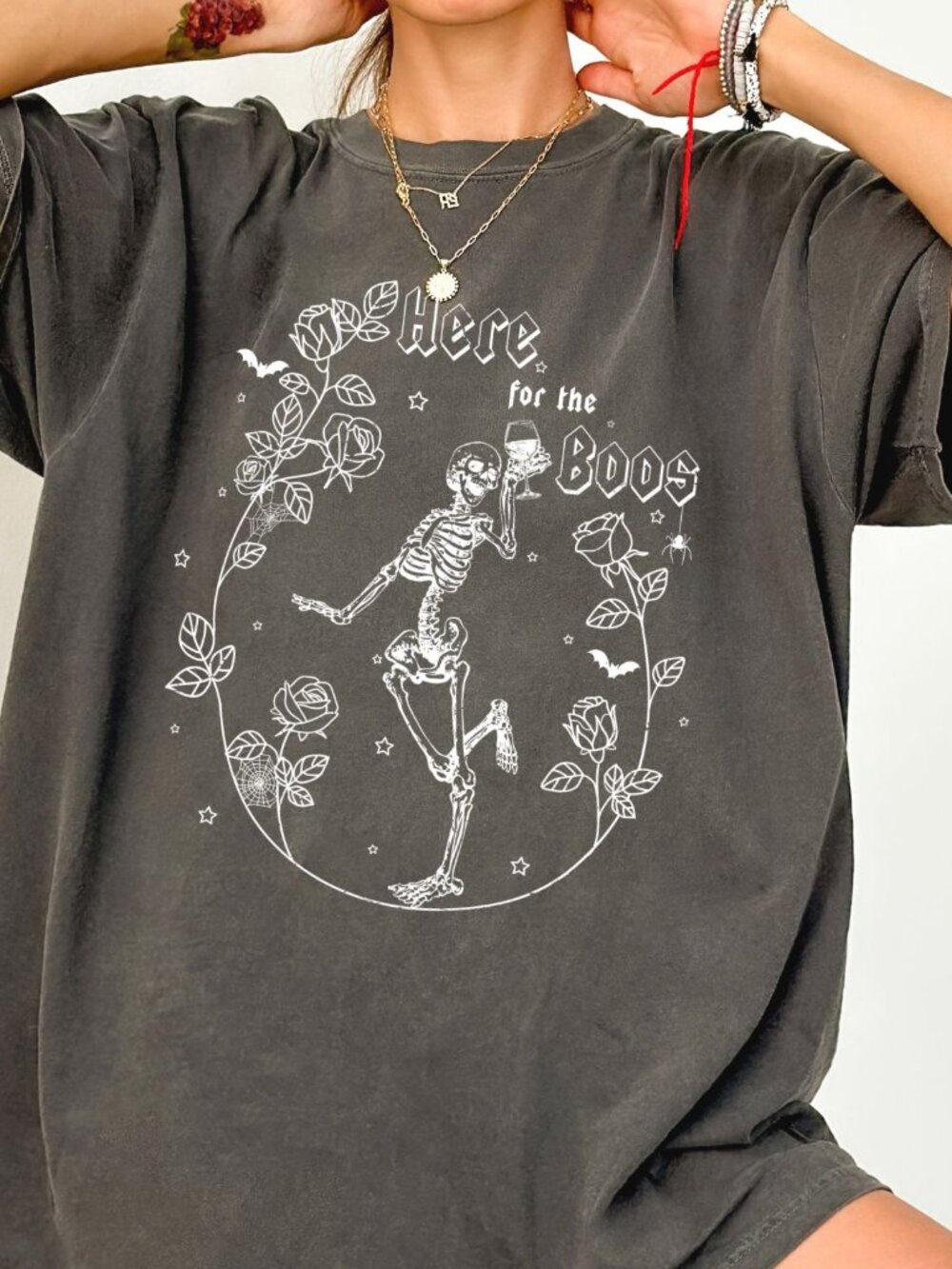 NEW Here for the Boos Funny Skeleton Halloween Graphic Tee Shirt